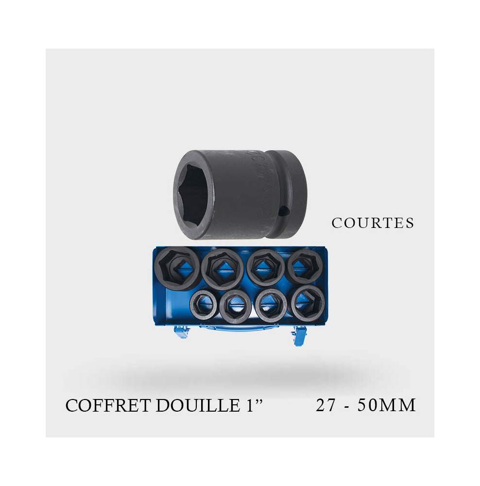 Coffret 8 douilles courtes 1 pouce 27 à 50mm