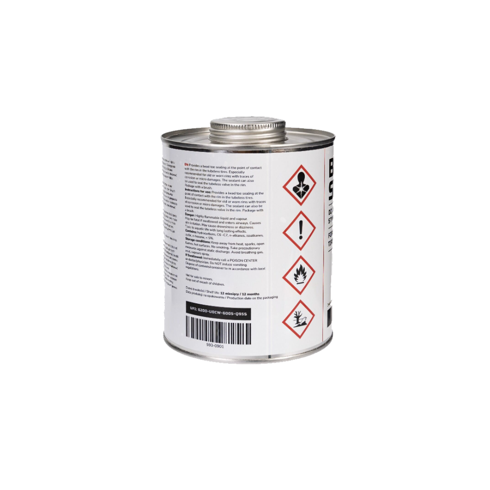 Picto danger au dos de la solution d'étanchéité talon jante Bead Sealer Delta 945ml